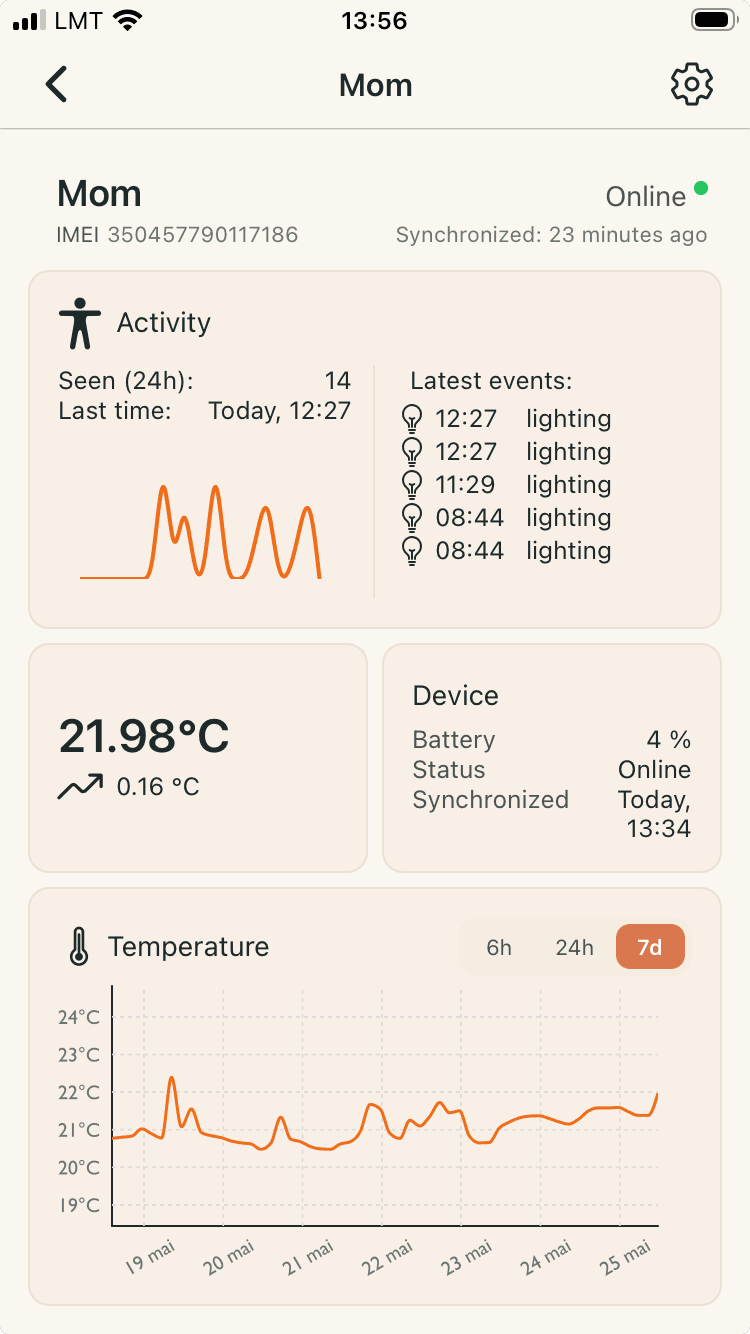 Touchseen mobile app showing activity timeline and alerts
